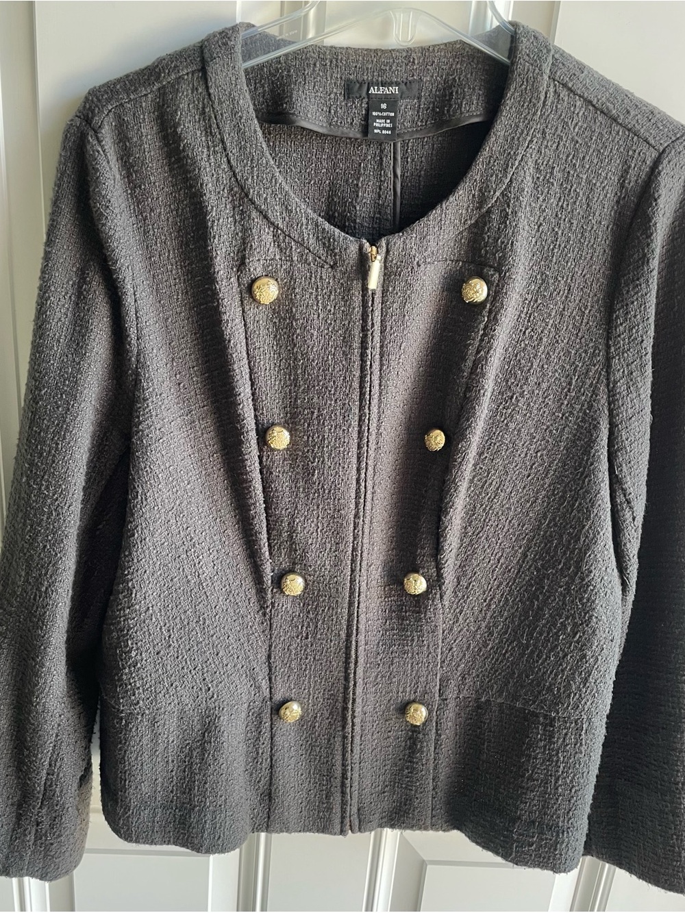 Alfani Gray lightweight Textured Jacket with Gold Buttons and zipper closure